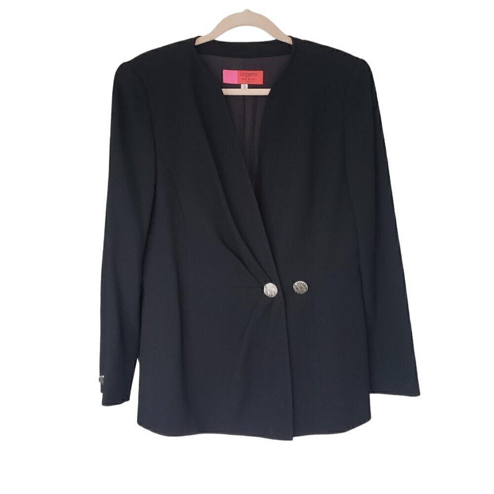 Vintage Ungaro Wool Blazer Collarless V-neck Two Button Pleated Front Black